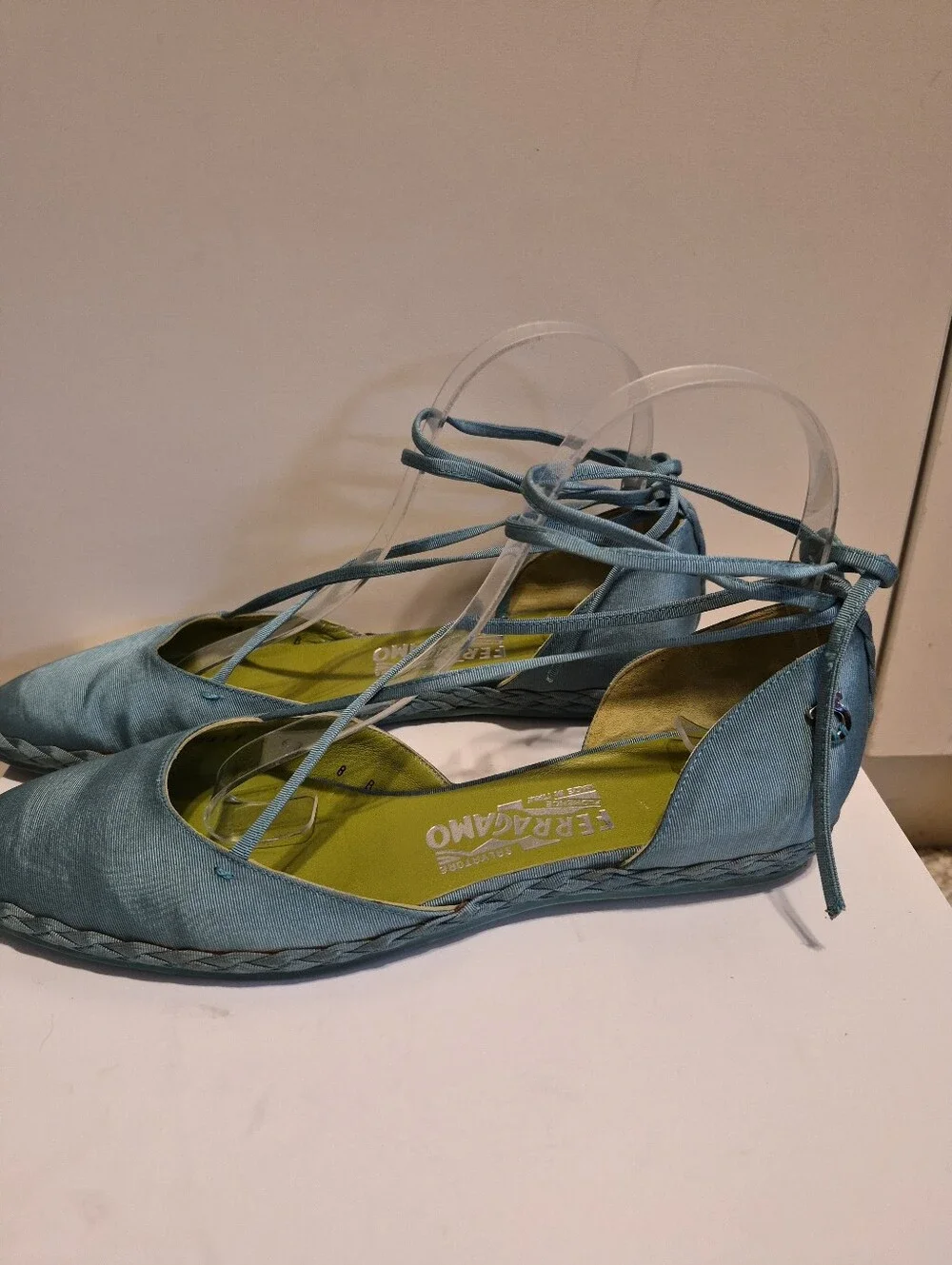 Salvatore Ferragamo Aquamarine Raw Silk Lace-Up Flat Espadrilles Sz.8 Ret. $895